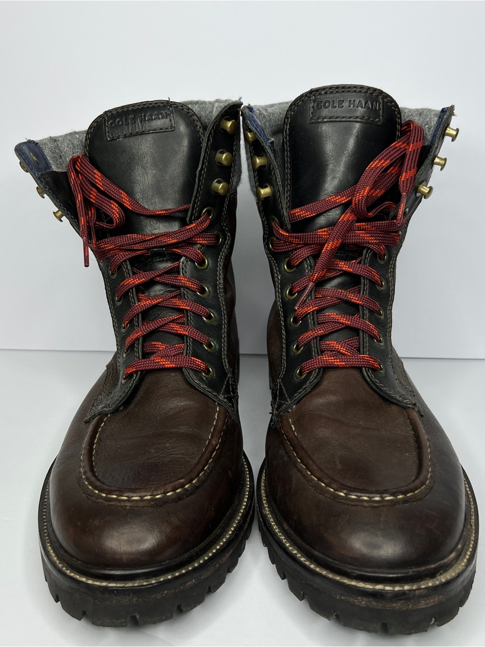 Cole Haan Judson Tall Winter Boots Brown Leather Grey Wool 10M EUC